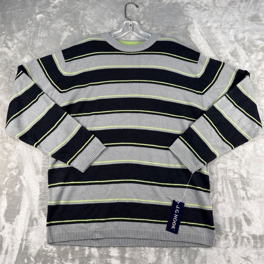 J.G. Hook Mens Striped Crewneck Sweater Grey Black Lime Green Large 58411 NWT